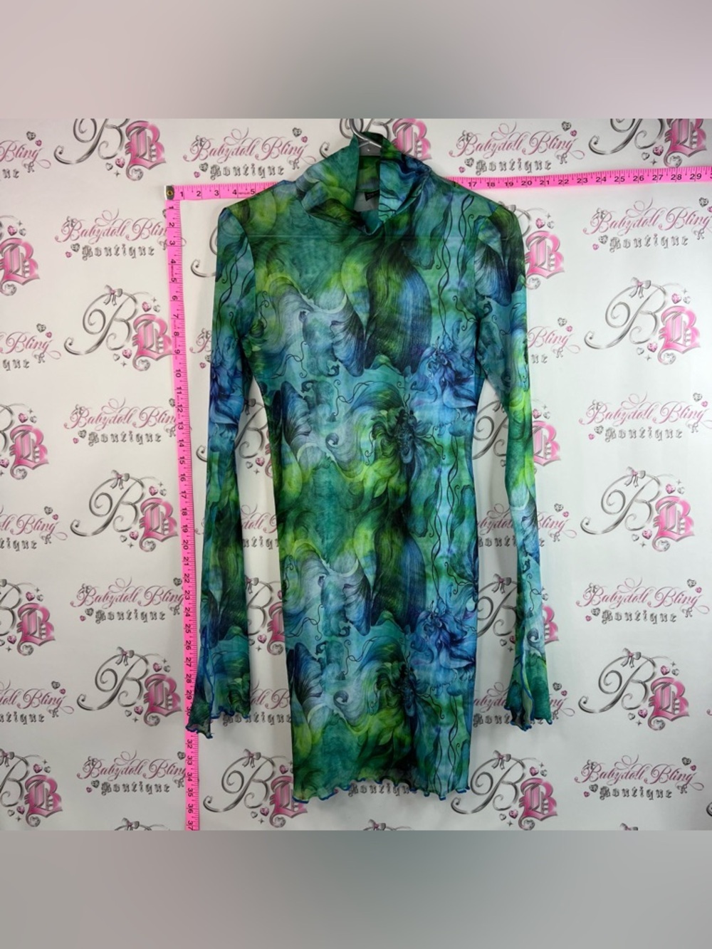SHEIN dress mesh turtleneck stretchy abstract water Green Blue Mesh Midi Dress
